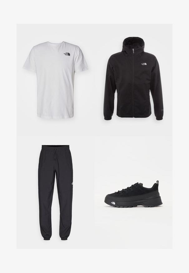 Čierna nepremokavá bunda s plným zipsom, nastaviteľnou kapucňou, elastickými manžetami a logom na hrudi; ľahká, s hladkou textúrou.; Biela bavlnená tričko s krátkymi rukávmi a okrúhlym výstrihom. Obsahuje malé čierne logo na hornej ľavej časti hrudníka. Hladká textúra.; Čierne športové nohavice vyrobené z ľahkej tkaniny, s elastickým pásom na šnurovanie, bočnými vreckami a zúženými manžetami na členkoch.; Čierne vonkajšie tenisky so zvrškom z semišu, štruktúrovanou gumovou podrážkou a pevným šnurovaním. Obsahujú vystužený opätok a logo značky na boku.