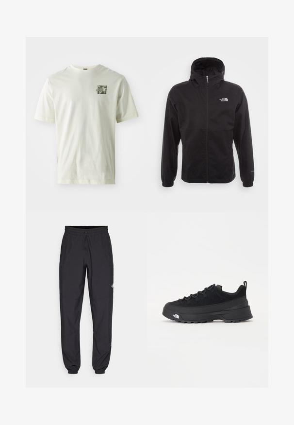 Black waterproof jacket with a full zip, adjustable hood, elastic cuffs, and a logo on the chest; lightweight, smooth texture.; Cream-colored cotton t-shirt featuring a green graphic print on the left chest, with a classic crew neck and short sleeves.; Black athletic pants made from lightweight fabric, featuring a drawstring waistband, side pockets, and tapered cuffs at the ankles.; Black outdoor sneaker with a suede upper, textured rubber sole, and sturdy lacing system. Features a reinforced heel and brand logo on the side.