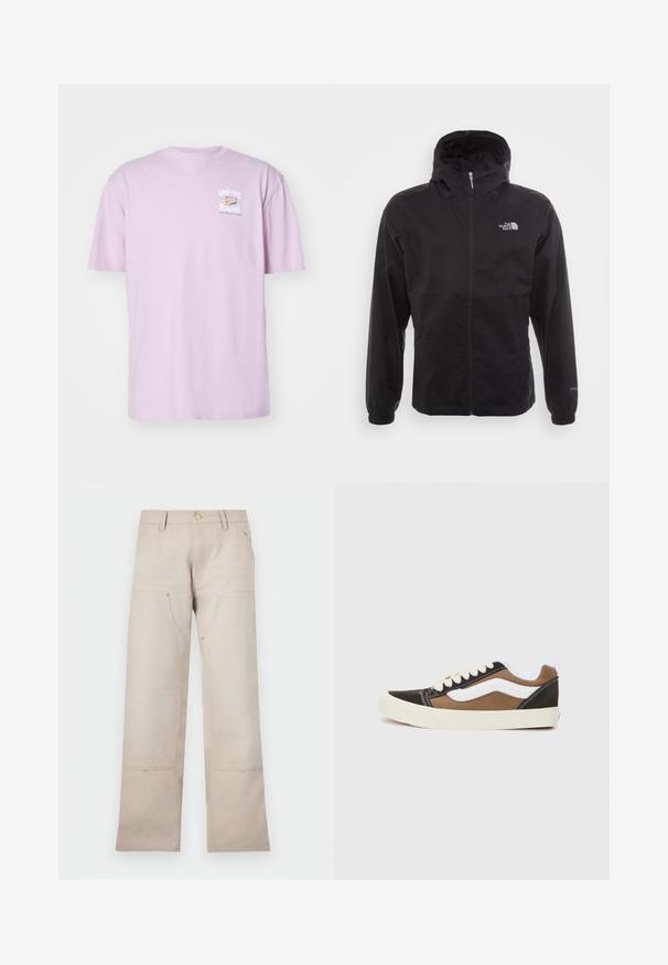 Schwarze wasserdichte Jacke mit durchgehendem Reißverschluss, verstellbarem Kapuzen, elastischen Bündchen und einem Logo auf der Brust; leicht und mit glatter Textur.; Hellblaues Kurzarm-T-Shirt aus Baumwolle. Auf der Vorderseite befindet sich ein kleines Grafikdesign mit dem Schriftzug "UNITED" und "Die Jugend ist die Zukunft".; Beige Baumwollhosen mit einem geraden Bein-Design, ausgestattet mit zwei Vordertaschen und zwei Reißverschluss-Akzenten. Goldfarbene Hardware setzt Akzente.; Schwarze und braune Sneakers mit weißen Akzenten, aus Canvas-Material, im Low-Top-Design, runder Zehenbereich und beiger Gummisohle. Mit kontrastierenden Nähten.