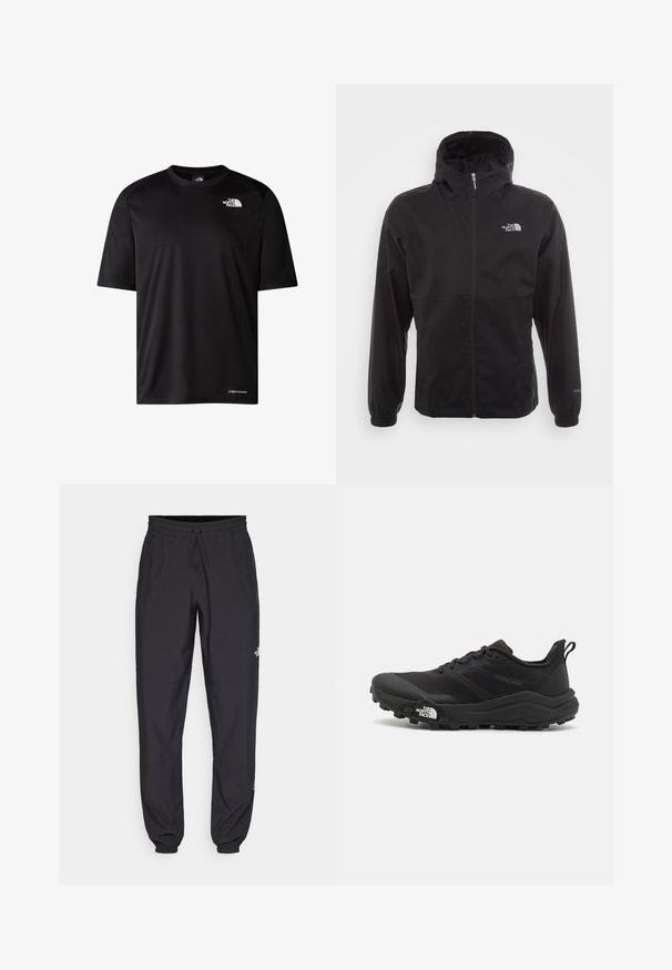 Black waterproof jacket with a full zip, adjustable hood, elastic cuffs, and a logo on the chest; lightweight, smooth texture.; Black short-sleeve athletic t-shirt with crew neck, textured fabric, and white logos on the chest and hem. Lightweight design for active use.; Black athletic pants made from lightweight fabric, featuring a drawstring waistband, side pockets, and tapered cuffs at the ankles.; Black trail running shoe with a textured upper, rubber sole, and reinforced toe cap. Features a padded collar and pull tab for easy wear.