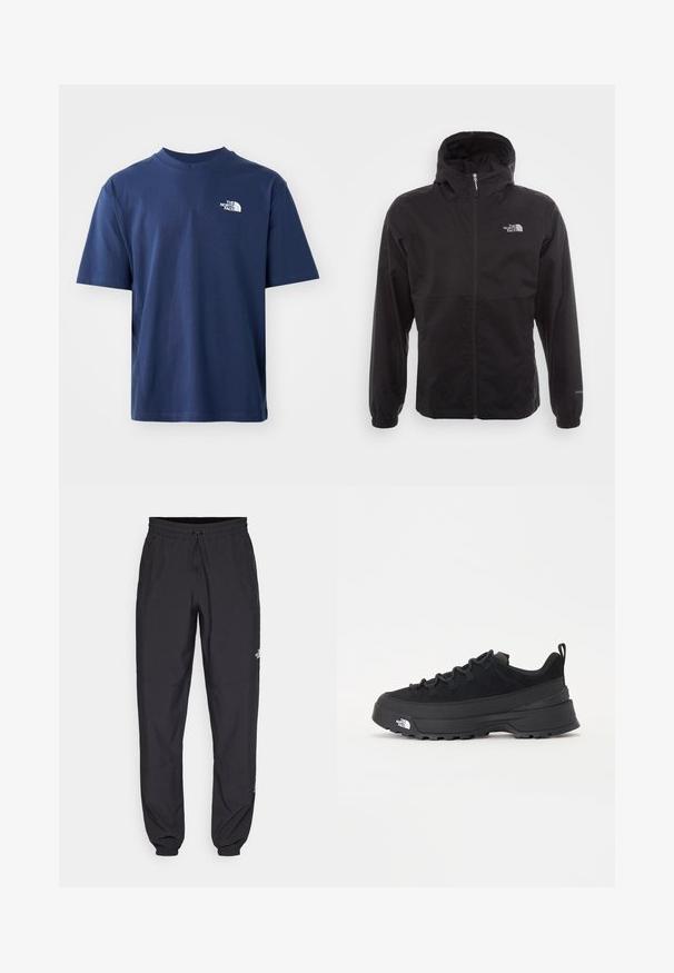 Zwarte waterdichte jack met volledige rits, verstelbare capuchon, elastische manchetten en een logo op de borst; lichtgewicht, gladde textuur.; Navyblauw katoenen T-shirt met een ronde hals, korte mouwen en een wit logo op de bovenste linkerborst. Soepele textuur, normale pasvorm.; Zwarte sportieve broek gemaakt van lichtgewicht stof, met een trekkoord in de taille, zijzakken en taps toelopende boorden bij de enkels.; Zwarte outdoor sneaker met een suede bovenkant, een gestructureerde rubberen zool en een stevig vetersysteem. Heeft een versterkte hiel en een merklogo aan de zijkant.