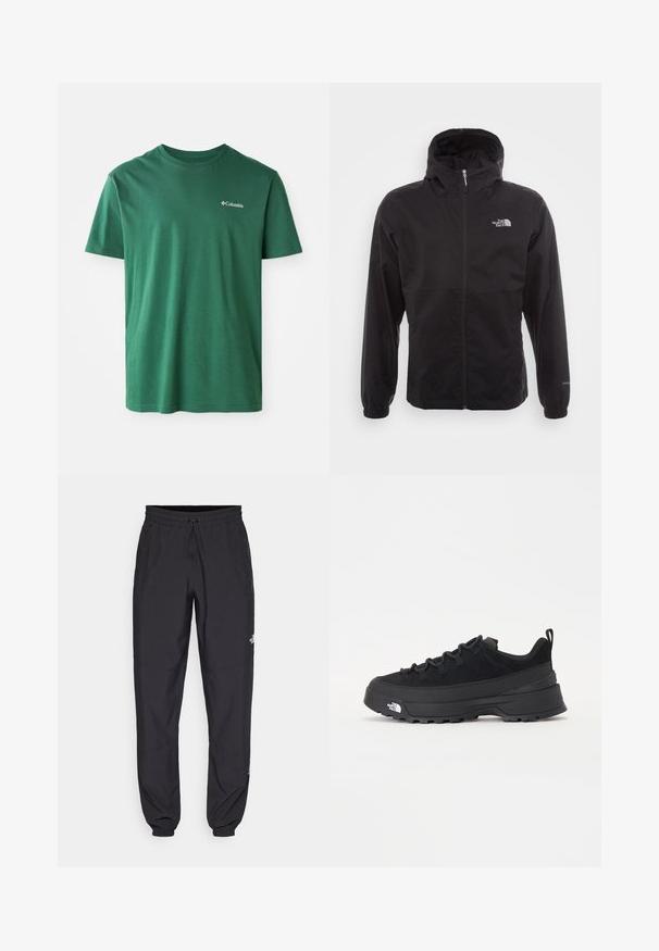 Fekete, vízálló dzseki teljes cipzárral, állítható kapucnival, rugalmas mandzsettákkal és mellkasi logóval; könnyű, sima textúrájú.; Zöld pamut póló kerek nyakkivágással, rövid ujjakkal és egy kis fehér Columbia logóval a mellkasán. Puha tapintású, hétköznapi dizájn.; Fekete sportnadrág, könnyű anyagból készült, húzózsinóros derékkal, oldalsó zsebekkel és szűkített szárakkal a bokáknál.; Fekete kültéri sneaker velúr felsőrésszel, texturált gumitalppal és strapabíró fűzőrendszerrel. Megerősített sarkú és oldalán márkalogóval rendelkezik.