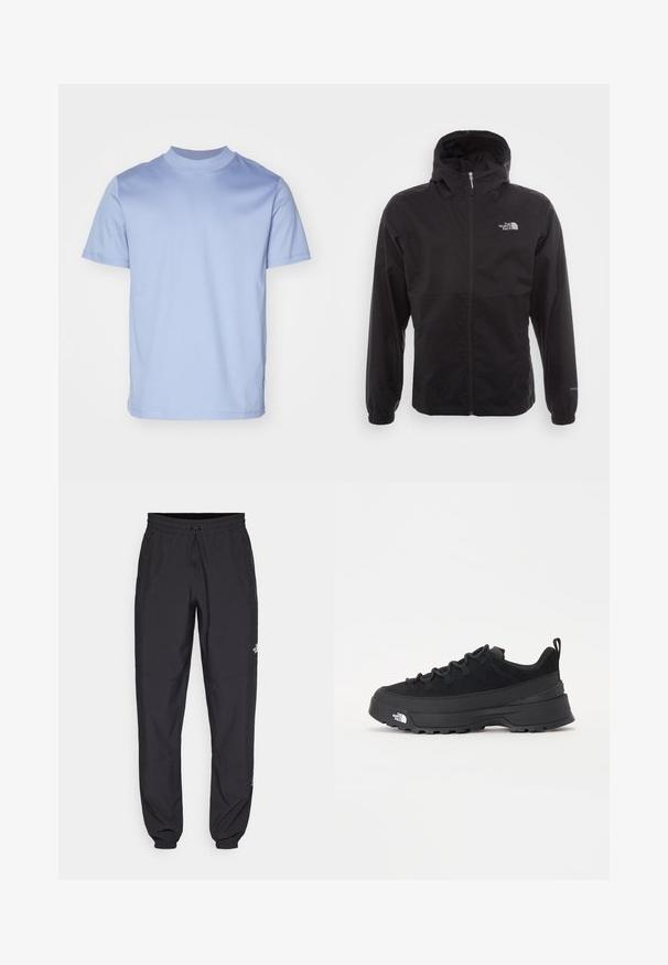 Czarna wodoodporna kurtka z pełnym zamkiem, regulowanym kapturem, elastycznymi mankietami i logo na piersi; lekka, gładka tekstura.; Jasnoniebieska koszulka z krótkim rękawem o wysokim okrągłym dekolcie, wykonana z miękkiej bawełny. Posiada czysty, prosty fason bez widocznych logo.; Czarne spodenki sportowe wykonane z lekkiego materiału, z elastycznym pasem na sznurek, bocznymi kieszeniami i zwężanymi mankietami przy kostkach.; Czarne sneakersy outdoorowe z zamszowym wierzchem, teksturowaną gumową podeszwą i solidnym systemem sznurowania. Posiadają wzmocnioną piętę oraz logo marki na boku.