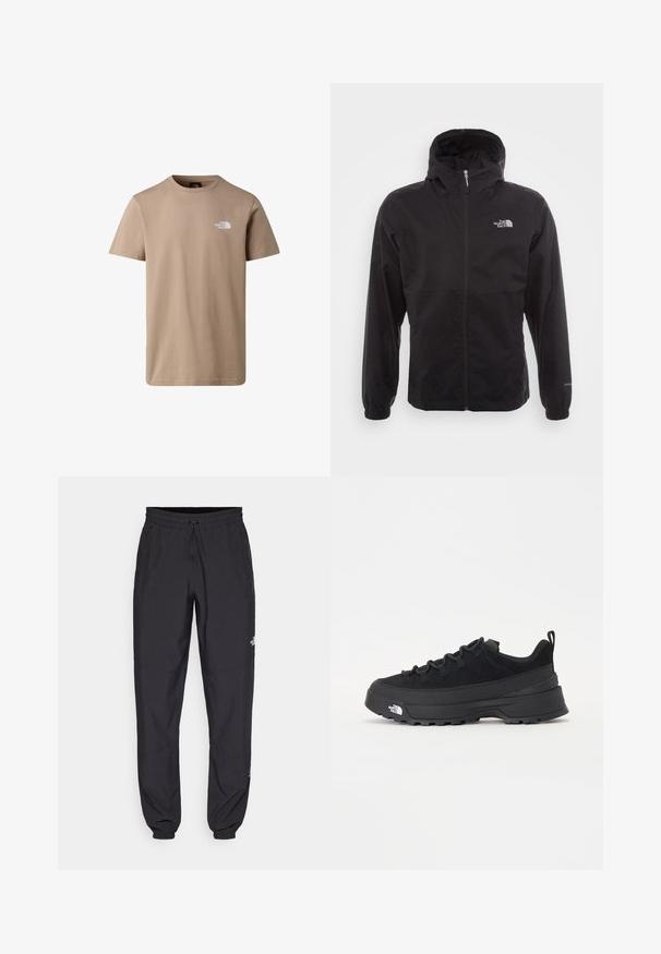 Svart vattentät jacka med full dragkedja, justerbar huva, elastiska ärmslut och en logotyp på bröstet; lätt och slät textur.; Beige kortärmad T-shirt med rund hals och "The North Face"-logotyp på vänster bröst mot vit bakgrund.; Svarta träningsbyxor tillverkade av lättviktsmaterial, med dragsko i midjan, sidofickor och avsmalnande muddar vid anklarna.; Svart utomhussko med ovandel i mocka, texturerad gummisula och robust snörningssystem. Har en förstärkt häl och varumärkeslogotyp på sidan.