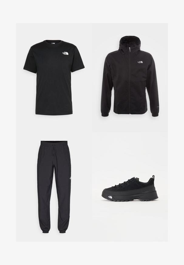 Sort vandtæt jakke med fuld lynlås, justerbar hætte, elastiske manchetter og et logo på brystet; letvægts, glat tekstur.; Sort bomulds t-shirt med korte ærmer, rund halsudskæring, med et lille hvidt logo på venstre brystområde. Enkel design, normal pasform.; Sorte atletiske bukser lavet af letvægtsstof, med en snor i taljen, sidelommer og tapered manchetter ved anklerne.; Sort udendørs sneakers med overdel i ruskind, tekstureret gummisål og robust snøringssystem. Har en forstærket hæl og logo fra mærket på siden.