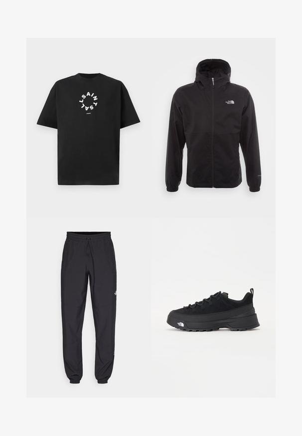 Melna ūdensnecaurlaidīga jaka ar pilnu rāvējslēdzēju, regulējamu kapuci, elastīgām piedurknēm un logo uz krūtīm; viegla, gluda tekstūra.; Melns kokvilnas T-krekls ar īsām piedurknēm. Iekļauts balts teksts, kas sakārtots aplī, ar uzrakstu "SAINT LAURENT LONDON."; Melni sporta bikses, kas izgatavotas no viegla auduma, ar savelcamu jostu, sānu kabatām un sašaurinātiem apakšējiem galiem pie potītēm.; Melni āra sporta apavi ar zamšādas virsu, teksturētu gumijas zoli un izturīgu auklu sistēmu. Iezīmēts ar pastiprinātu papēdi un zīmola logo sānu daļā.