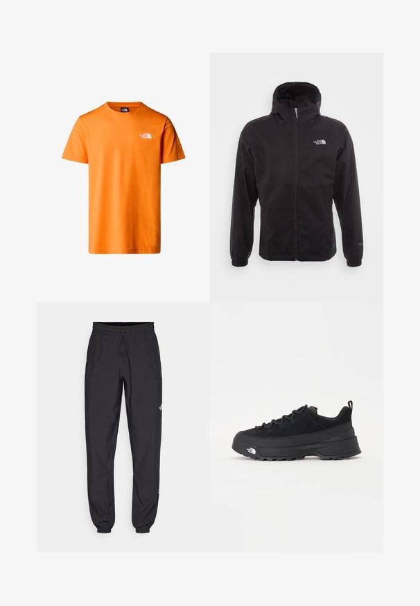 Svart vattentät jacka med full dragkedja, justerbar huva, elastiska ärmslut och en logotyp på bröstet; lätt och slät textur.; Orange bomull t-shirt med korta ärmar, rund halsringning, med en liten vit logotyp på vänster bröst. Enkel design, mjuk textur.; Svarta träningsbyxor tillverkade av lättviktsmaterial, med dragsko i midjan, sidofickor och avsmalnande muddar vid anklarna.; Svart utomhussko med ovandel i mocka, texturerad gummisula och robust snörningssystem. Har en förstärkt häl och varumärkeslogotyp på sidan.