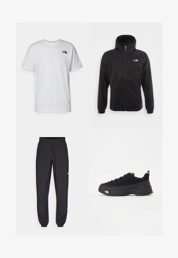 Sort vandtæt jakke med fuld lynlås, justerbar hætte, elastiske manchetter og et logo på brystet; letvægts, glat tekstur.; Hvid bomulds t-shirt med korte ærmer og rund hals. Har et lille sort logo på venstre brystområde. Enkel design og tekstur.; Sorte atletiske bukser lavet af letvægtsstof, med en snor i taljen, sidelommer og tapered manchetter ved anklerne.; Sort udendørs sneakers med overdel i ruskind, tekstureret gummisål og robust snøringssystem. Har en forstærket hæl og logo fra mærket på siden.