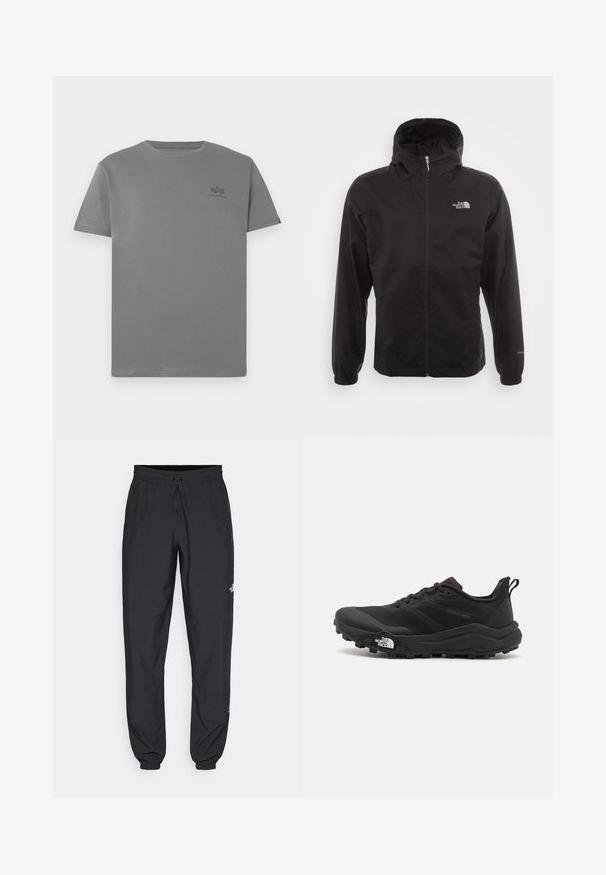 Must have veekindel must jope täispikksu lõpetusega, reguleeritava kapuutsiga, elastsete mansettide ning rinnal oleva logoga; kerge, sile tekstuur.; Hall hall t-särk, millel on ümar kaelus ja lühikesed varrukad. Vasakul rinnaosas on väike must logo. Sile tekstuur.; Mustavad sportlikud püksid, mis on valmistatud kergest kangast, joonlauaga taljest, küljetaskudega ja kitsenevate varrukatega pahkluude juures.; Must tume jooksujalats musta värvi, tekstuurse ülemise osaga, kummist tallaga ja tugevdatud varbaga. Omab pehmendusega krae ja tõmblinti mugavaks selga panemiseks.