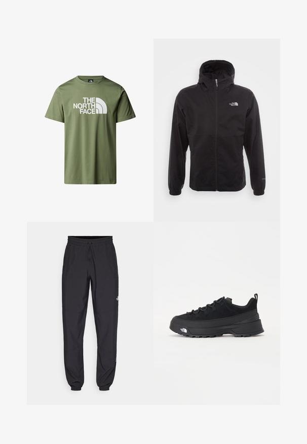 Svart vattentät jacka med full dragkedja, justerbar huva, elastiska ärmslut och en logotyp på bröstet; lätt och slät textur.; Olivgrön bomullströja med en stor vit "The North Face"-logotyp och en kurvad berggrafik. Korta ärmar och rundad halsringning.; Svarta träningsbyxor tillverkade av lättviktsmaterial, med dragsko i midjan, sidofickor och avsmalnande muddar vid anklarna.; Svart utomhussko med ovandel i mocka, texturerad gummisula och robust snörningssystem. Har en förstärkt häl och varumärkeslogotyp på sidan.