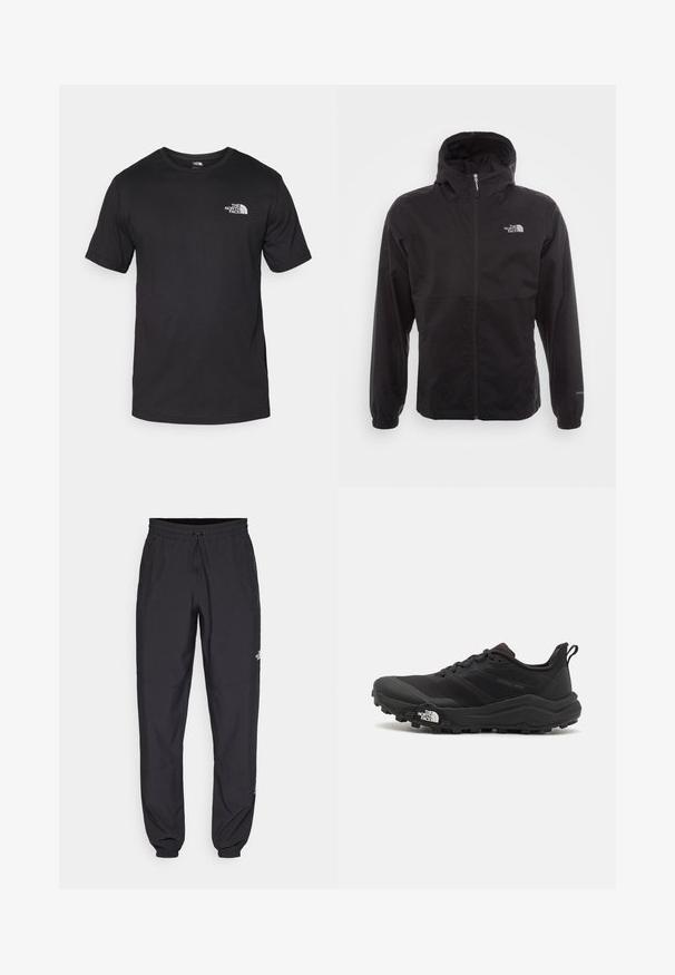 Chaqueta negra impermeable con cremallera completa, capucha ajustable, puños elásticos y un logo en el pecho; ligera, con textura suave.; Camiseta negra de manga corta, hecha de algodón, con un cuello redondo y un pequeño logo blanco en la parte superior izquierda del pecho.; Pantalones deportivos negros hechos de un tejido ligero, con una cinturilla ajustable, bolsillos laterales y puños ajustados en los tobillos.; Zapatilla de trail running negra con upper texturizado, suela de goma y puntera reforzada. Presenta un collar acolchado y una lengüeta para poner y quitar fácilmente.