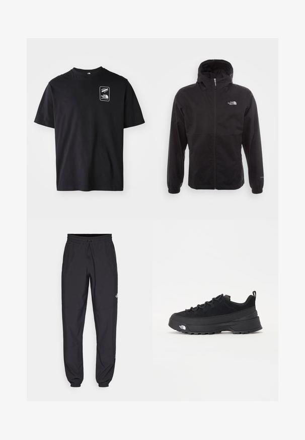 Chaqueta negra impermeable con cremallera completa, capucha ajustable, puños elásticos y un logo en el pecho; ligera, con textura suave.; Camiseta de algodón negra con mangas cortas, escote redondo, que presenta un logotipo gráfico blanco en un marco rectangular en el área del pecho izquierdo.; Pantalones deportivos negros hechos de un tejido ligero, con una cinturilla ajustable, bolsillos laterales y puños ajustados en los tobillos.; Zapatilla negra de exterior con parte superior de ante, suela de goma texturizada y un sólido sistema de cordones. Cuenta con un talón reforzado y el logotipo de la marca en el lateral.