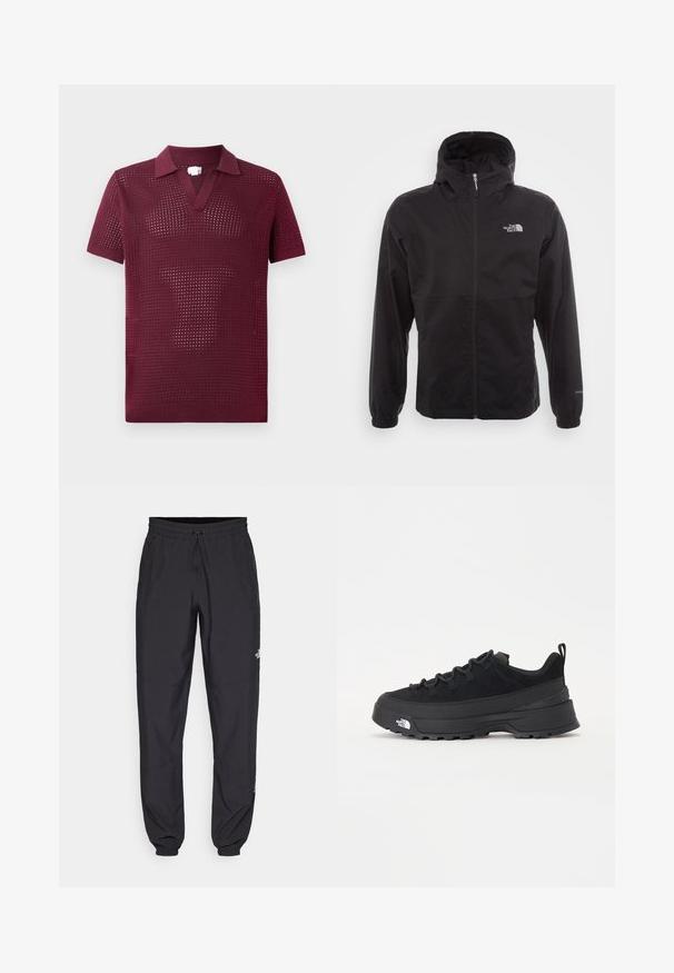 Musta vedenpitävä takki täysihihnalla, säädettävällä huppulla, joustavilla hihansuilla ja logolla rinnassa; kevyt, sileä pinta.; Burgundy lyhythihainen polo-paita, jossa on teksturoitu avonainen kudonta, V-pääntie ja muodollinen kaulus, valmistettu kevyestä neulomateriaalista.; Mustat urheiluhousut, jotka on valmistettu kevyestä kankaasta. Housuissa on naru vyötäröllä, sivutaskut ja kapenevat hihnat nilkoissa.; Mustamustad välisjalanõud suede ülemise, tekstuuriga kummist tallaga ja tugeva paelaga. Varustatud tugevdatud kanna ja brändi logoga külgedel.