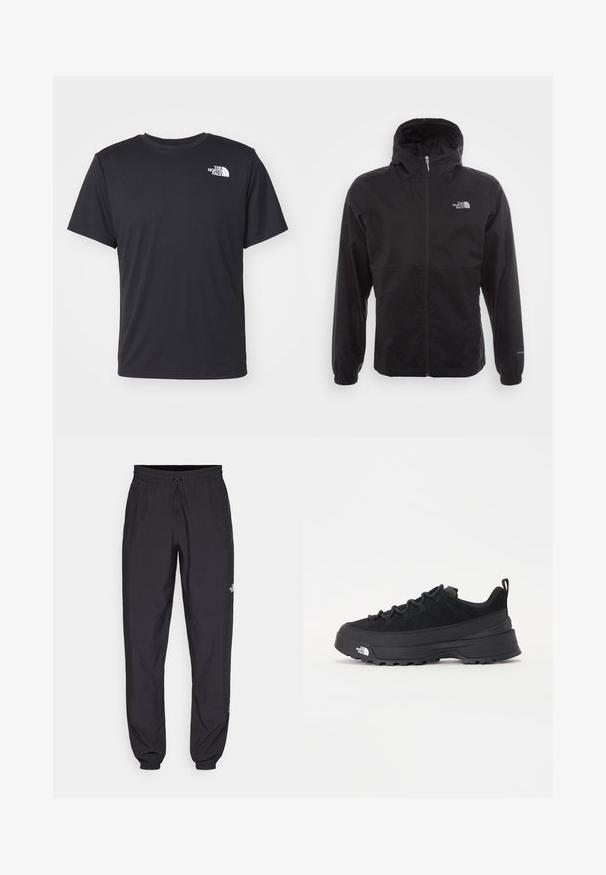 Svart vanntett jakke med full glidelås, justerbar hette, elastiske mansjetter og logo på brystet; lett, glatt tekstur.; Svart crew-neck t-skjorte laget av glatt stoff, med en hvit logo på venstre brystområde og korte ermer.; Sorte idrettsbukser laget av lett stoff, med snor i livet, sidelommer og smale mansjetter ved anklene.; Svart utendørs sneakers med overdel i semsket skinn, teksturert gummisåle og solid snøresystem. Har forsterket hæl og merkevarelogo på siden.