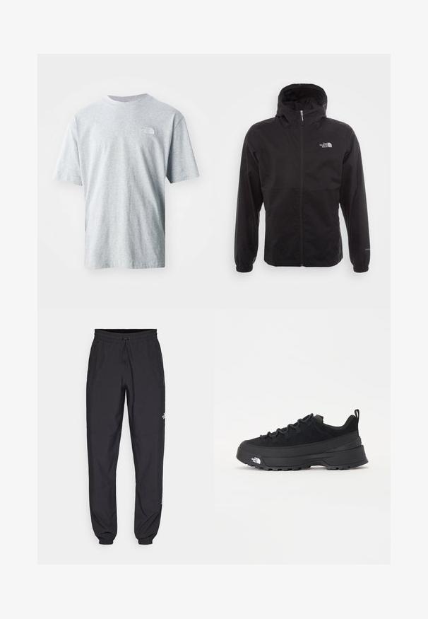 Melna ūdensnecaurlaidīga jaka ar pilnu rāvējslēdzēju, regulējamu kapuci, elastīgām piedurknēm un logo uz krūtīm; viegla, gluda tekstūra.; Gaiši pelēks kokvilnas t-krekls ar īsām piedurknēm un apaļu kakla izgriezumu. Uz kreisā krūšu laukuma ir neliels balts logo. Gluda tekstūra.; Melni sporta bikses, kas izgatavotas no viegla auduma, ar savelcamu jostu, sānu kabatām un sašaurinātiem apakšējiem galiem pie potītēm.; Melni āra sporta apavi ar zamšādas virsu, teksturētu gumijas zoli un izturīgu auklu sistēmu. Iezīmēts ar pastiprinātu papēdi un zīmola logo sānu daļā.