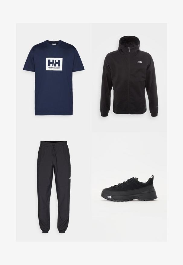Zwarte waterdichte jack met volledige rits, verstelbare capuchon, elastische manchetten en een logo op de borst; lichtgewicht, gladde textuur.; Donkerblauwe katoenen t-shirt met een witte rechthoekige logo met "HH" en de tekst "HELly HANSEN" gecentreerd op de borst. Korte mouwen.; Zwarte sportieve broek gemaakt van lichtgewicht stof, met een trekkoord in de taille, zijzakken en taps toelopende boorden bij de enkels.; Zwarte outdoor sneaker met een suede bovenkant, een gestructureerde rubberen zool en een stevig vetersysteem. Heeft een versterkte hiel en een merklogo aan de zijkant.