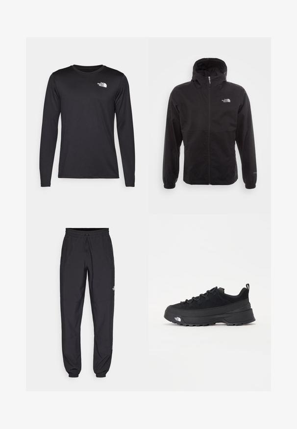 Svart vanntett jakke med full glidelås, justerbar hette, elastiske mansjetter og logo på brystet; lett, glatt tekstur.; Langermet svart prestasjonstrøye laget av lett stoff, med en hvit logo på øvre venstre bryst. Glatt tekstur.; Sorte idrettsbukser laget av lett stoff, med snor i livet, sidelommer og smale mansjetter ved anklene.; Svart utendørs sneakers med overdel i semsket skinn, teksturert gummisåle og solid snøresystem. Har forsterket hæl og merkevarelogo på siden.