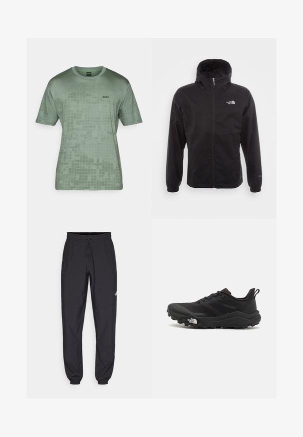 Sort vandtæt jakke med fuld lynlås, justerbar hætte, elastiske manchetter og et logo på brystet; letvægts, glat tekstur.; Grøn kortærmet T-shirt lavet af glat stof, med et rutemønster og et sort "BOSS" logo på venstre bryst.; Sorte atletiske bukser lavet af letvægtsstof, med en snor i taljen, sidelommer og tapered manchetter ved anklerne.; Sort trail løbesko med en struktureret overdel, gummisål og forstærket tåhætte. Har en polstret krave og en pull-tab til nem påtagning.
