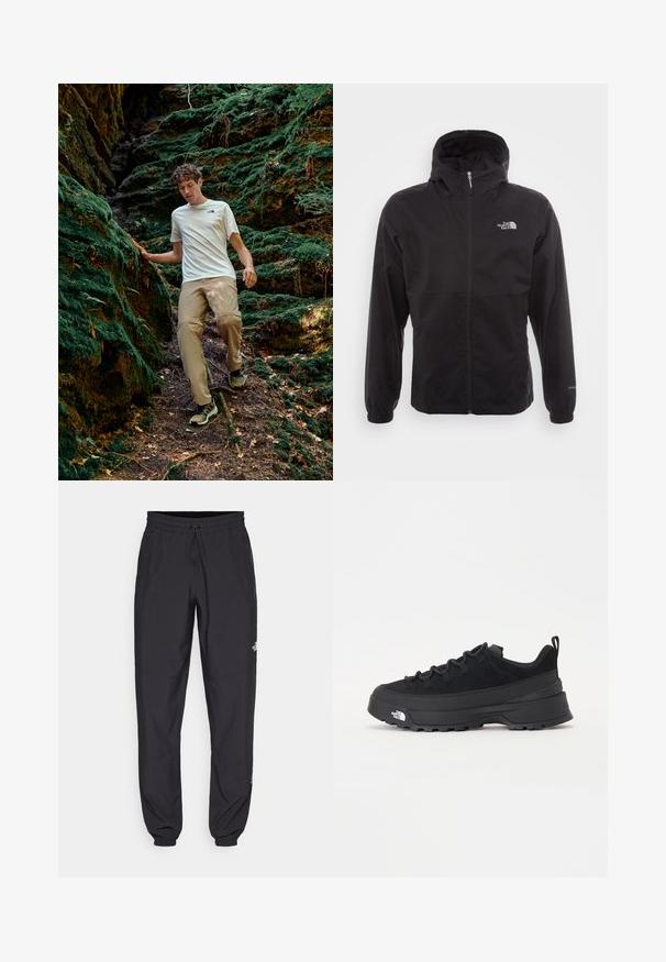 Zwarte waterdichte jack met volledige rits, verstelbare capuchon, elastische manchetten en een logo op de borst; lichtgewicht, gladde textuur.; Informele outfit met een witte t-shirt met korte mouwen en een logo, beige broek en donkere wandelschoenen. Omgeven door weelderige groene mosachtige ondergrond.; Zwarte sportieve broek gemaakt van lichtgewicht stof, met een trekkoord in de taille, zijzakken en taps toelopende boorden bij de enkels.; Zwarte outdoor sneaker met een suede bovenkant, een gestructureerde rubberen zool en een stevig vetersysteem. Heeft een versterkte hiel en een merklogo aan de zijkant.