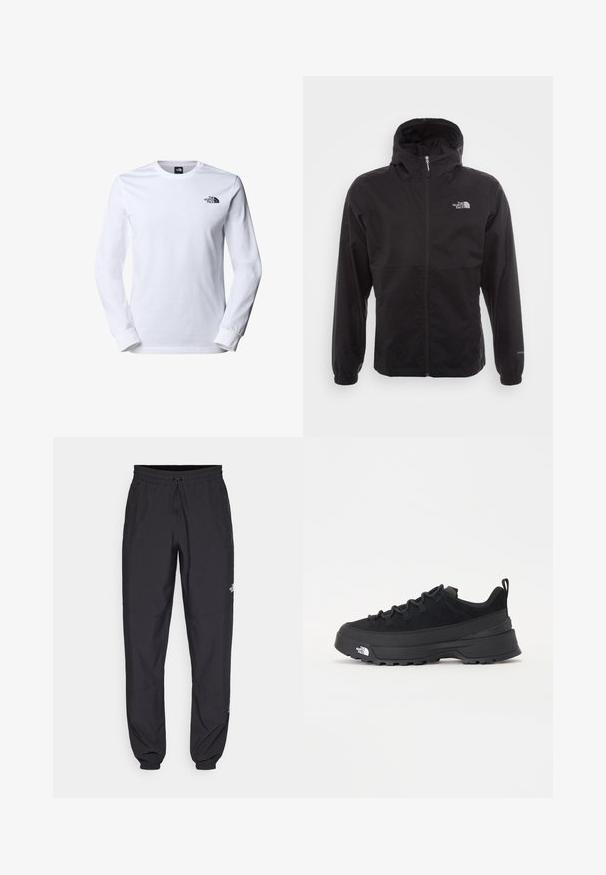 Musta vedenpitävä takki täysihihnalla, säädettävällä huppulla, joustavilla hihansuilla ja logolla rinnassa; kevyt, sileä pinta.; Pitkähihaine valkoinen t-paita, joka on tehty puuvillasta, ja siinä on pyöreä pääntie sekä ribbaatut hihansuut. Vasemassa rinnassa on pieni musta logo.; Mustat urheiluhousut, jotka on valmistettu kevyestä kankaasta. Housuissa on naru vyötäröllä, sivutaskut ja kapenevat hihnat nilkoissa.; Mustamustad välisjalanõud suede ülemise, tekstuuriga kummist tallaga ja tugeva paelaga. Varustatud tugevdatud kanna ja brändi logoga külgedel.