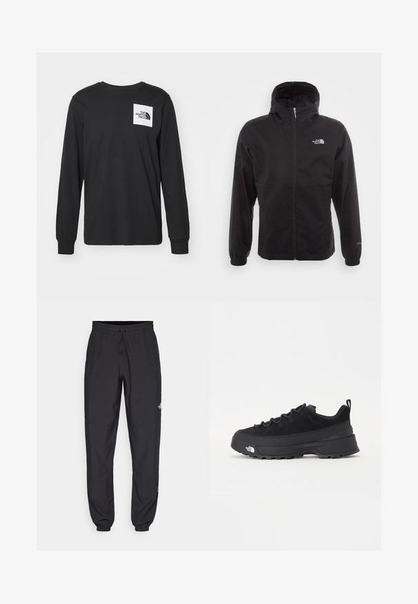 Černá nepromokavá bunda s celopropínacím zipem, nastavitelnou kapucí, elastickými manžetami a logem na hrudi; lehká, hladká textilie.; Černé tričko s dlouhým rukávem vyrobené z bavlny, s bílou obdélníkovou nášivkou na levém prsu, obsahující název značky a zakřivený design.; Černé sportovní kalhoty vyrobené z lehké tkaniny, s páskem na šňůrku, bočními kapsami a zúženými manžetami na kotnících.; Černé venkovní tenisky s horní částí ze semiše, texturovanou gumovou podrážkou a pevným šněrováním. Obsahují zesílenou patu a logo značky na boku.