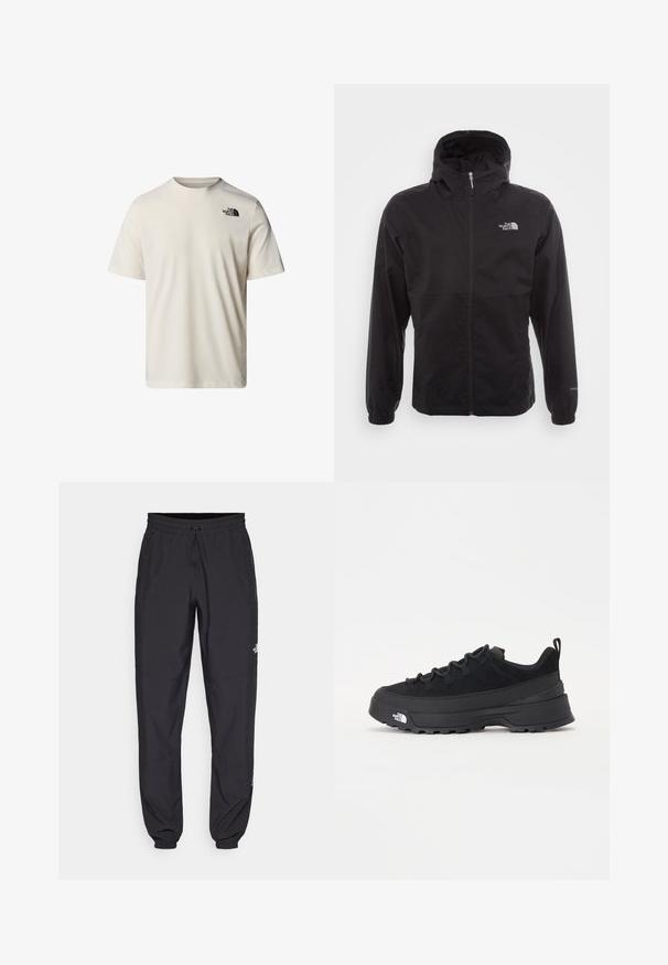 Schwarze wasserdichte Jacke mit durchgehendem Reißverschluss, verstellbarem Kapuzen, elastischen Bündchen und einem Logo auf der Brust; leicht und mit glatter Textur.; Beige T-Shirt mit kurzen Ärmeln aus Baumwolle, mit einem runden Halsausschnitt und einem kleinen schwarzen Logo auf der oberen linken Brustseite. Glatte Textur.; Schwarze Sporthosen aus leichtem Stoff, mit einem Kordelzugbund, seitlichen Taschen und schmal zulaufenden Bündchen an den Knöcheln.; Schwarzer Outdoorsneaker mit einem Obermaterial aus Wildleder, strukturierter Gummisohle und robustem Schnürsystem. Verfügt über eine verstärkte Ferse und das Markenlogo an der Seite.