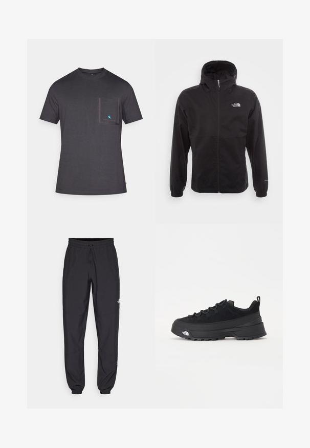 Zwarte waterdichte jack met volledige rits, verstelbare capuchon, elastische manchetten en een logo op de borst; lichtgewicht, gladde textuur.; Donkergrijze crew neck t-shirt van zachte stof, met een borstzak afgezet in een donkerder grijs en een klein blauw logo op de zak.; Zwarte sportieve broek gemaakt van lichtgewicht stof, met een trekkoord in de taille, zijzakken en taps toelopende boorden bij de enkels.; Zwarte outdoor sneaker met een suede bovenkant, een gestructureerde rubberen zool en een stevig vetersysteem. Heeft een versterkte hiel en een merklogo aan de zijkant.