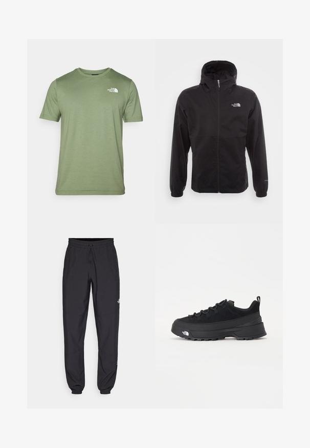 Čierna nepremokavá bunda s plným zipsom, nastaviteľnou kapucňou, elastickými manžetami a logom na hrudi; ľahká, s hladkou textúrou.; Olivovo zelené tričko s krátkym rukávom vyrobené z mäkkej tkaniny. Má okrúhly výstrih a biele logo na ľavej hrudi. Hladká textúra po celej ploche.; Čierne športové nohavice vyrobené z ľahkej tkaniny, s elastickým pásom na šnurovanie, bočnými vreckami a zúženými manžetami na členkoch.; Čierne vonkajšie tenisky so zvrškom z semišu, štruktúrovanou gumovou podrážkou a pevným šnurovaním. Obsahujú vystužený opätok a logo značky na boku.