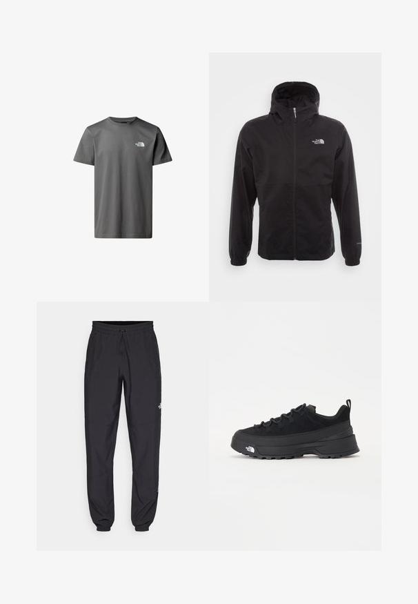Sort vandtæt jakke med fuld lynlås, justerbar hætte, elastiske manchetter og et logo på brystet; letvægts, glat tekstur.; Grå bomulds T-shirt med korte ærmer, rund hals, prydet med et hvidt logo på venstre bryst. Glat tekstur, afslappet pasform.; Sorte atletiske bukser lavet af letvægtsstof, med en snor i taljen, sidelommer og tapered manchetter ved anklerne.; Sort udendørs sneakers med overdel i ruskind, tekstureret gummisål og robust snøringssystem. Har en forstærket hæl og logo fra mærket på siden.