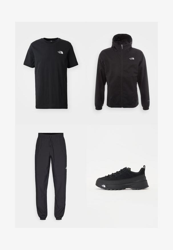 Svart vanntett jakke med full glidelås, justerbar hette, elastiske mansjetter og logo på brystet; lett, glatt tekstur.; Svart bomull t-skjorte med korte ermer, rund hals, med en liten hvit logo på venstre bryst. Myk tekstur, avslappet passform.; Sorte idrettsbukser laget av lett stoff, med snor i livet, sidelommer og smale mansjetter ved anklene.; Svart utendørs sneakers med overdel i semsket skinn, teksturert gummisåle og solid snøresystem. Har forsterket hæl og merkevarelogo på siden.