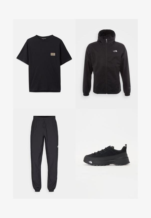 Melna ūdensnecaurlaidīga jaka ar pilnu rāvējslēdzēju, regulējamu kapuci, elastīgām piedurknēm un logo uz krūtīm; viegla, gluda tekstūra.; Melna kokvilnas T-kreklā ar īsām piedurknēm, kurā ir neliels taisnstūra zelta tekstūras plāksteris ar "MK" logotipu kreisajā krūšu zonā.; Melni sporta bikses, kas izgatavotas no viegla auduma, ar savelcamu jostu, sānu kabatām un sašaurinātiem apakšējiem galiem pie potītēm.; Melni āra sporta apavi ar zamšādas virsu, teksturētu gumijas zoli un izturīgu auklu sistēmu. Iezīmēts ar pastiprinātu papēdi un zīmola logo sānu daļā.