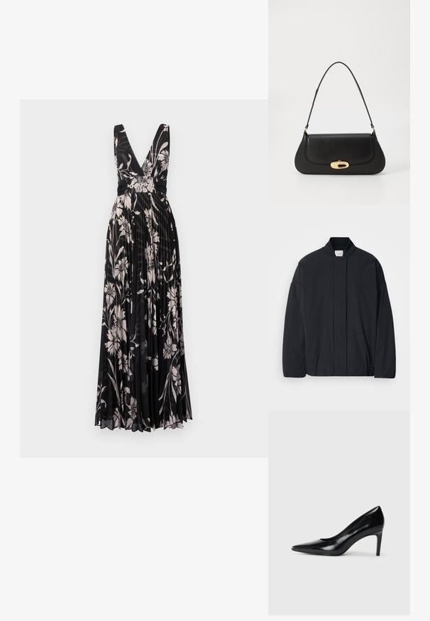 Černá bunda s dlouhým rukávem, žebrovaným límcem, skrytým zapínáním na přední straně a nenápadnou značkovou visačkou na spodním lemu, položená na bílé pozadí.; Černé květinové maxi šaty s hlubokým výstřihem do V, sklady a vypasovaným pasem. Obsahují jemné květinové vzory v krémových a měkkých růžových tónech.; Černé kožené boty na vysokém podpatku s špičatou špičkou, hladkým povrchem a zúženým podpatkem. Minimalistický design, bez dalších ozdob.; Černá kožená kabelka s zakřiveným designem, zlatými akcenty a horním uchem. Vybavena elegantním zavíráním a hladkým povrchem.