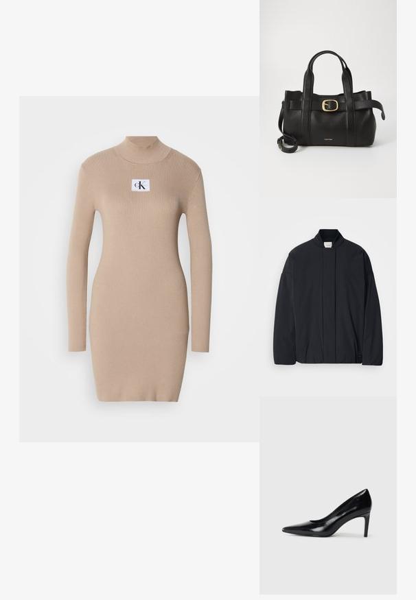 Must musta pikkade varrukatega jakk soonikkoes, peidetud esikinnis, ja diskreetne brändi silt alumisel äärel, asetatud tasasele valgele taustale.; Beez värvi kudum Kleid, millel on vale krae, pikad varrukad, ribakujuline tekstuur ja ruudukujuline logo plekk rinnal. Lihtne istuvus, põlvini ulatuv disain.; Mustmust musta kõrge kontsaga king, millel on terav varvas, sile tekstuur ja kitsenev konts. Minimalistlik disain, ilma täiendavate kaunistusteta.; Must mustraga nahkakott, millel on struktureeritud disain, kaks ülemist kanda, kuldse tooni pandla aktsent ja esiküljel embosseeritud brändi logo.