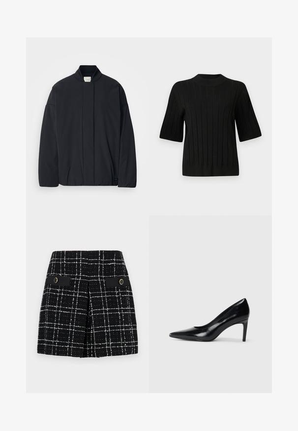 Veste noire à manches longues avec un col côtelé, fermeture frontale cachée et une étiquette de marque discrète au bas de l'ourlet, posée à plat sur un fond blanc.; Pull noir à manches courtes avec une texture côtelée et un col montant, présentant des lignes verticales et une silhouette ajustée.; Jupe à carreaux noir et blanc en tissu texturé, avec deux poches avant rehaussées de noir et de matériel circulaire doré.; Chaussure à talon haut en cuir noir avec un bout pointu, texture lisse et un talon effilé. Design minimaliste, sans embellissements supplémentaires.