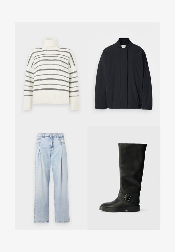 Black long-sleeve jacket with a ribbed collar, hidden front fastening, and subtle brand tag on the bottom hem, laid flat on a white background.; White turtleneck sweater with black horizontal stripes. Features ribbed neck and cuffs. Soft texture, relaxed fit, and knit design.; Light blue denim jeans with a high waist, wide-leg cut, two side pockets, and pleated design feature. Soft texture with a faded finish.; Black knee-high boots made of smooth leather, featuring a rounded toe, a thick sole, and a horizontal strap with a rectangular buckle detail.