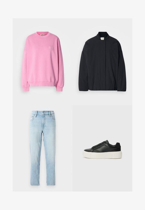 Black long-sleeve jacket with a ribbed collar, hidden front fastening, and subtle brand tag on the bottom hem, laid flat on a white background.; Pink sweatshirt made of cotton, featuring a crew neck, long sleeves, ribbed cuffs, and a small logo embroidered on the chest.; Light blue denim jeans, straight-leg design, mid-rise waist, with five-pocket styling and a button closure at the front.; Black leather sneaker with a rounded toe, white platform sole, and black laces. Features a subtle logo on the heel and smooth texture.