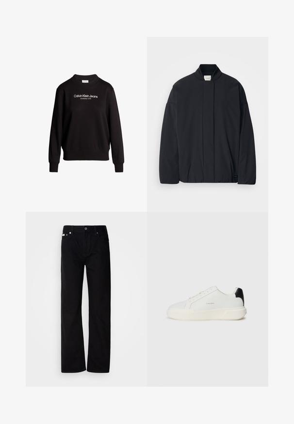 Juodas ilgarankovis švarkas su raštuota apykakle, užslėptu priekiu užsegimu ir subtilia prekės etiketė apačioje, padėtas ant baltos fono.; Calvin Klein Jeans INSTITUTIONAL GRAPHIC - Sportinis megztinis - black; Juodi džinsai tiesaus kirpimo su penkiomis kišenėmis, sidabriniais kabliukais ir mygtukų užtrauktuku. Medžiaga turi lygią, šiek tiek tekstūruotą apdailą.; Baltos sportinės bateliai su lygiu odiniu viršumi, apvalia nosimi, šnuromis ir kontrastinga juoda kulno akcentu. Suprojektuota su tekstūruota guminėmis padais.