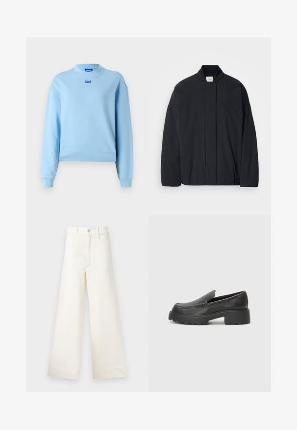Casaco preto de mangas longas com colarinho canelado, fecho frontal oculto e uma etiqueta discreta da marca na bainha inferior, disposto plano sobre um fundo branco.; Sweatshirt azul claro com decote redondo, punhos e barra canelados, apresentando um pequeno rótulo de logótipo azul na frente. Tecido suave e liso.; Calças largas em algodão bege claro. Apresentam uma cintura alta, bolsos frontais e um corte reto. Acabamento de bainha limpo, sem padrões.; Mocassins de couro preto com bico arredondado, sola espessa e texturizada, e detalhes de costura minimalistas. Design elegante sem atacadores ou ferragens visíveis.
