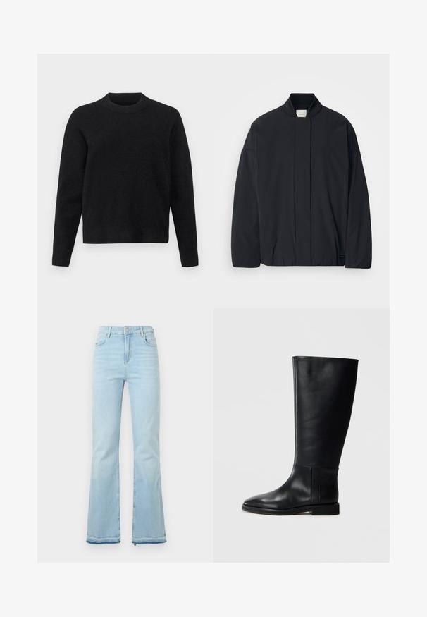 Giacca nera a maniche lunghe con colletto a coste, chiusura frontale nascosta e un'etichetta del marchio discreta sul fondo, posata su uno sfondo bianco.; Maglione nero realizzato in morbido tessuto, con scollo rotondo, maniche lunghe e una vestibilità rilassata, caratterizzato da una texture liscia.; Jeans flare azzurri in denim, caratterizzati da una vita alta, tasche anteriori e un orlo grezzo ai polsini per un look casual.; Stivale in pelle nera al ginocchio con punta arrotondata, texture liscia, design minimalista e suola piatta. Dettagli di cucitura semplici sulla gamba.