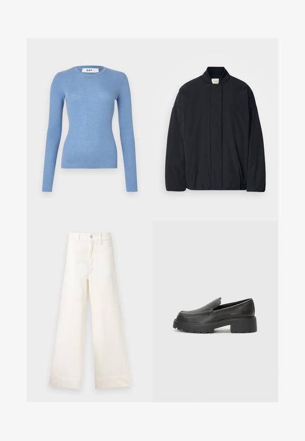 Črno dolg rokav jakna z rebrastim ovratnikom, skrito sprednje zapiranje in subtilna oznaka blagovne znamke na spodnjem robu, razporejena na belem ozadju.; Ribana dolga majica z dolgimi rokavi v svetlo modri barvi, z okroglo vratno odprtino in prilegajočim krojem. Gladka tekstura z rahlo raztegljivostjo. blagovna oznaka na vratu.; Široke hlače iz svetlo bež bombaža. Imajo visoko pas, sprednje žepke in ravno krojenje. Čist zaključek brez vzorcev.; Črne usnjene loafers čevlje z zaobljenim nosom, debelim teksturiranim podplatom in minimalnimi šivi. Elegantna zasnova brez vidnih vezalk ali kovinskih delov.