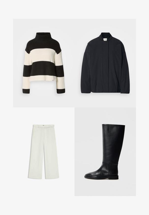 Svart långärmad jacka med ribbad krage, dold framknäppning och diskret logotyp på nederkanten, liggande platt på en vit bakgrund.; Svart och vit randig tröja med hög ribbad halsringning, kort passform och vida ärmar som har kontrasterande texturer och snygg kantstickning.; Vita byxor i ljus krämig tyg, med sidofickor, platt fram och en enda knappstängning vid midjan. Slät struktur.; Svart läderknähöga stövlar med rund tå, slät textur, minimalistisk design och platt sula. Enkla sömdetaljer på skaftet.