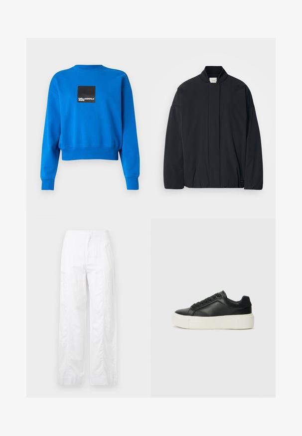 Melnas garās piedurknes jakas ar ribotu apkakli, slēptu priekšpuses aizdari un smalku zīmola etiķeti apakšējā apmalē, izvietota uz baltas fona.; Īsais zils sporta krekls, kas izgatavots no mīksta auduma, ar melnu kvadrātu logotipu, kurā ir balti burti, un ribotām piedurknēm un apkakli.; Baltas, plaša kāju bikses, izgatavotas no viegla auduma, ar gludu tekstūru, tīrām līnijām un augstu jostasvietu.; Melnas ādas kedas ar noapaļotu pirkstu, baltu platformas zoli un melnām auklām. Iespējams, satur diskrētu logo uz papēža un gludu tekstūru.