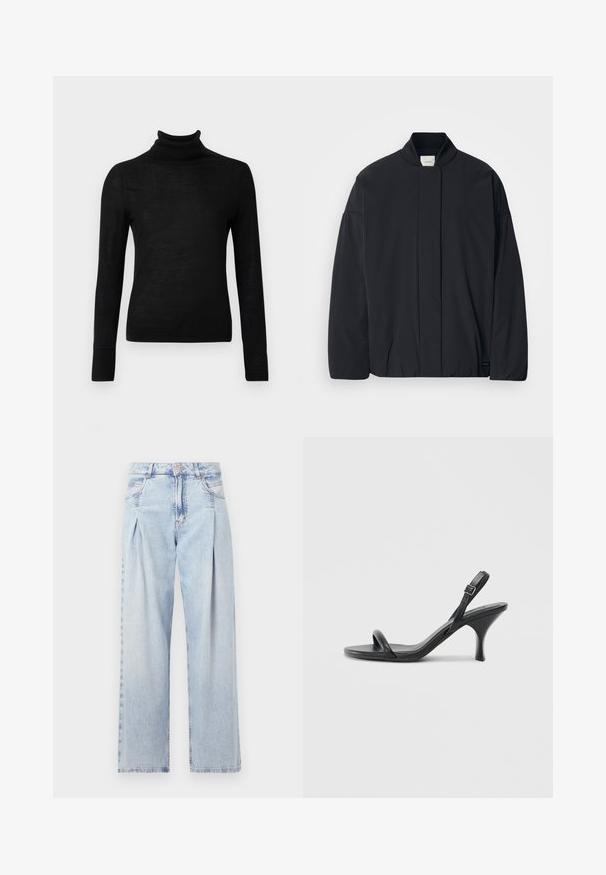 Jachetă neagră cu mâneci lungi, cu guler ribbat, închidere frontală ascunsă și etichetă subtilă a brandului pe tivul de jos, așezată pe un fundal alb.; Pulover negru cu guler înalt, confecționat dintr-un material tricotat moale. Design ajustat, cu mâneci lungi și guler și margine cu model în romb.; Jeans din denim albastru deschis cu talie înaltă, croială evazată, două buzunare laterale și un design pliat. Textură moale cu un finisaj decolorat.; Sandale cu toc înalt din piele neagră, cu un toc subțire și curbat și un design cu curea încrucișată. Curea la gleznă ajustabilă. Textură netedă.