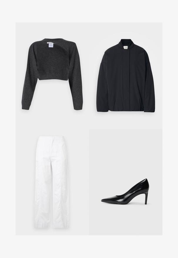 Must musta pikkade varrukatega jakk soonikkoes, peidetud esikinnis, ja diskreetne brändi silt alumisel äärel, asetatud tasasele valgele taustale.; pure cashmere BOLERO TWO-WAY - Džemper - graphite; Valged laiad püksid, mis on valmistatud kergetest materjalidest, omades siledat tekstuuri, puhtaid jooni ja kõrget vöökohta.; Mustmust musta kõrge kontsaga king, millel on terav varvas, sile tekstuur ja kitsenev konts. Minimalistlik disain, ilma täiendavate kaunistusteta.