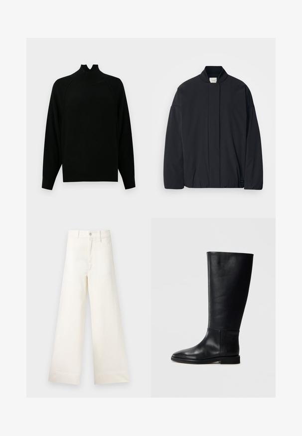 Czarna kurtka z długim rękawem, z ribbanym kołnierzem, ukrytym zapięciem z przodu i subtelną metką marki na dolnym brzegu, leżąca płasko na białym tle.; Czarny sweter z wysokim kołnierzem, z długimi rękawami, o prążkowanej strukturze i luźnym kroju. Posiada unikalny design wycięcia przy dekolcie.; Szerokie spodnie w jasnym beżowym kolorze wykonane z bawełny. Charakteryzują się wysokim stanem, kieszeniami z przodu oraz prostym krojem. Czyste wykończenie brzegów bez wzorów.; Czarne skórzane kozaki za kolano z zaokrąglonym noskiem, gładką teksturą, minimalistycznym designem i płaską podeszwą. Proste detale szwów na cholewie.
