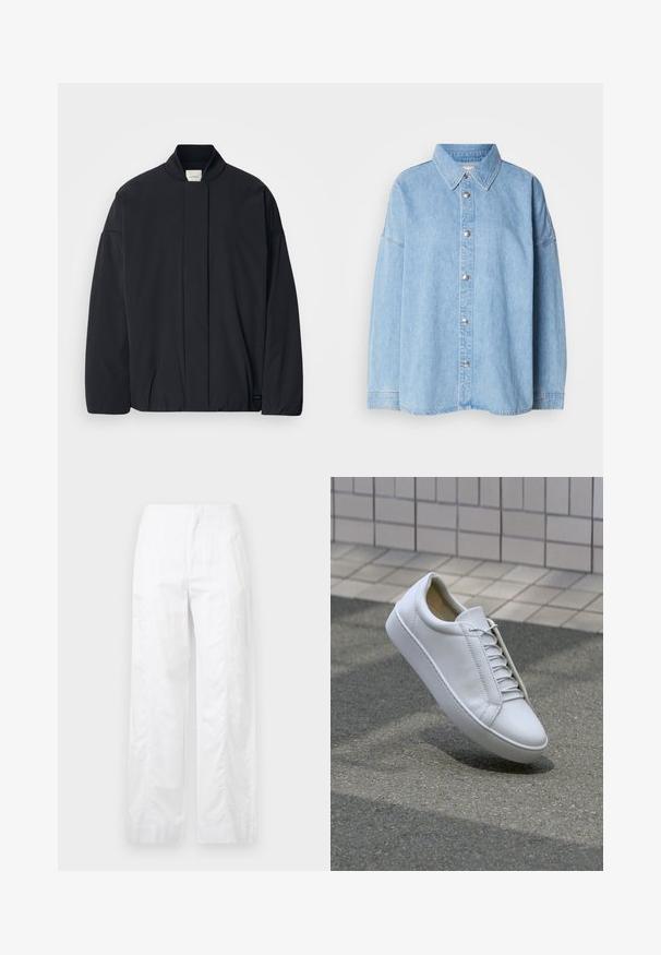 Casaco preto de mangas longas com colarinho canelado, fecho frontal oculto e uma etiqueta discreta da marca na bainha inferior, disposto plano sobre um fundo branco.; Camisa de ganga azul-claro com botão na frente, colarinho espalhado e mangas longas, apresentando botões de metal e um design de corte descontraído.; Calças brancas de perna larga feitas de um tecido leve, com uma textura suave, linhas limpas e um design de cintura alta.; Sapatilha de couro branca com bico redondo, sola plana e seis pares de ilhós. Textura suave e design minimalista com detalhes de costura.