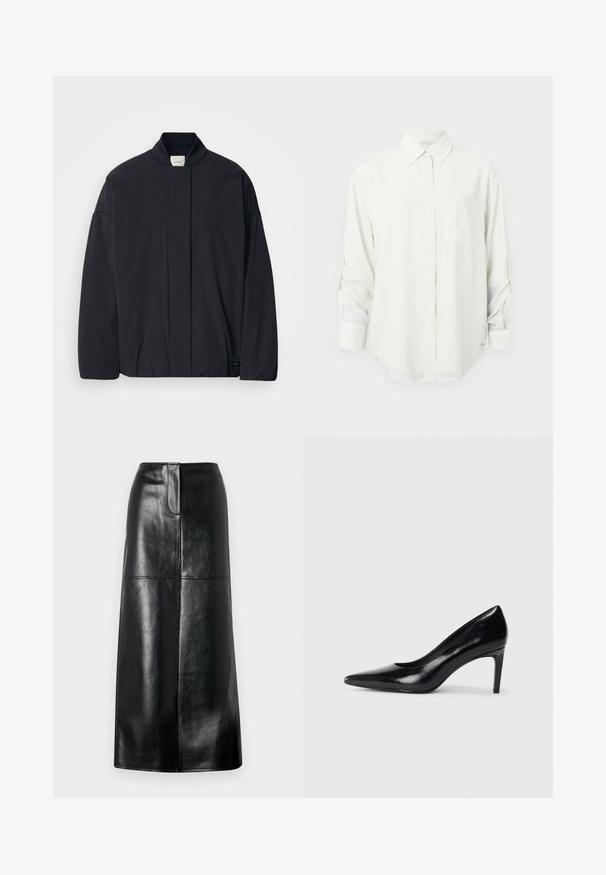 Musta pitkähihaisella takilla, jossa on ribattua kaulusta, piilotettu etukiinnitys ja hillitty brändilogo alareunassa, asetettuna tasaisesti valkoista taustaa vasten.; Valkoinen pitkähihaisuuden nappipaidan, jossa on kaulus, yksi rintatasku ja ylös käännetyt hihat. Pehmeä, sileä kangas ja rento istuvuus.; Musta nahkainen midi-hame, jossa on sileä tekstuuri, suora leikkaus ja hienovarainen kiilto. Varustettu yksinkertaisella vyötärönauhalla ja ilman näkyvää metalliosaa.; Mustat nahkakengät korkealla korolla, terävä kärki, sileä pinta ja kapeneva korko. Minimalistinen muotoilu, ei ylimääräisiä koristeita.