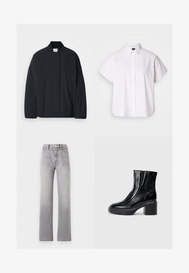 Melnas garās piedurknes jakas ar ribotu apkakli, slēptu priekšpuses aizdari un smalku zīmola etiķeti apakšējā apmalē, izvietota uz baltas fona.; Balta īsajām piedurknēm krekls ar pogām un norādītu apkakli, kā arī viļņotu apakšmalu. Izgatavots no kokvilnas ar gludu tekstūru un bez redzamām rakstām.; Gaišpelēkas denima bikses ar augstu jostasvietu, taisnu kāju dizainu, smalku izbalēšanu un klasisku piecu kabatu stilu. Metāla pogas un rāvējslēdzēja aizdare.; Melnas lakotas ādas potītes zābaki ar izliekto purngalu, elastīgām sānu paneļiem un masīvu blokveida papēdi. Aizmugurē ir izsistā logo.