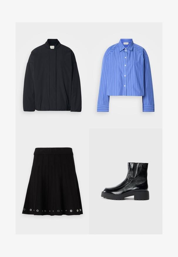 Črno dolg rokav jakna z rebrastim ovratnikom, skrito sprednje zapiranje in subtilna oznaka blagovne znamke na spodnjem robu, razporejena na belem ozadju.; Kratka modra srajca z navpičnimi belimi črtami, klasičnim ovratnikom, dolgimi rokavi in sprednjim gumbom; izdelana iz gladkega, lahkega materiala.; Črna plisirana krila s rebrastim pasom, kovinskimi očesi na robu in teksturirano oblačilo za dodano podrobnost.; Črne gležnarje z sijajnim patentiranim usnjem, debele črne gumijaste podplate in dvignjen petni del; vključujejo subtilen logotip na strani.