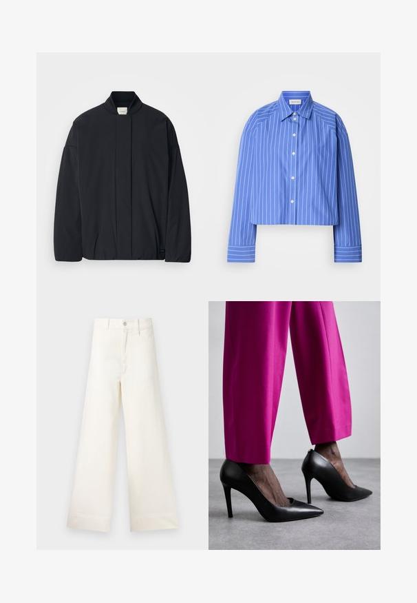 Črno dolg rokav jakna z rebrastim ovratnikom, skrito sprednje zapiranje in subtilna oznaka blagovne znamke na spodnjem robu, razporejena na belem ozadju.; Kratka modra srajca z navpičnimi belimi črtami, klasičnim ovratnikom, dolgimi rokavi in sprednjim gumbom; izdelana iz gladkega, lahkega materiala.; Široke hlače iz svetlo bež bombaža. Imajo visoko pas, sprednje žepke in ravno krojenje. Čist zaključek brez vzorcev.; Črne visoke petke z obliko konice in gladko usnjeno teksturo. Uparjene s svetlo rožnatimi, krojenimi hlačami.